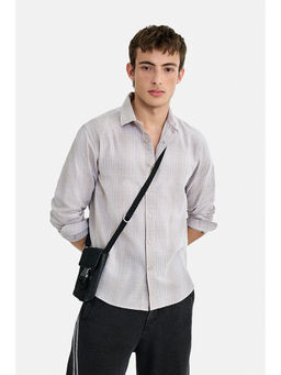 Snitch - Beige Cotton Linen Blend Checks Full Sleeves Shirt