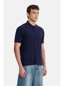 Snitch - Navy Blue Cotton Solid/Plain Half Sleeves Shirt