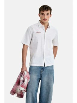 Snitch - White Cotton Stripes Half Sleeves Shirt