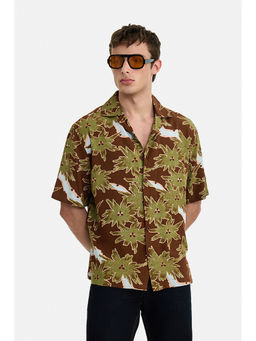 Snitch - Brown Viscose Floral Half Sleeves Shirt