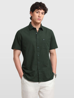 Arrow Sports - Green Linen Blend Solid/Plain Half Sleeves Shirt