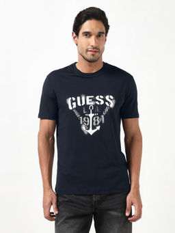 Guess - Marina Triangl Smart Blue Printed Round Neck Cotton T-Shirt