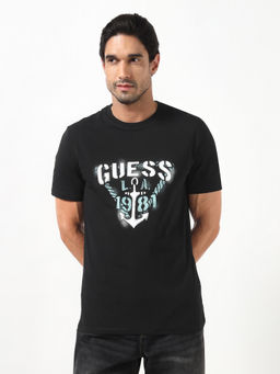 Guess - Marina Triangl Jet Black Printed Round Neck Cotton T-Shirt