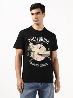 Guess - Heron Jet Black Printed Round Neck Pure Cotton T-Shirt