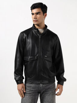 Guess - Men Stretch Napa Pu Leather Jet Black Solid Band Polyurethane Jacket