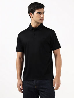 Guess - Mercerised Jet Black Solid Pure Cotton Polo T-Shirt