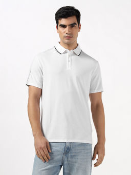 Guess - Logo Tape Pure White Solid Polycotton Polo T-Shirt