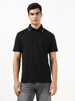 Guess - Logo Tape Jet Black Solid Polycotton Polo T-Shirt