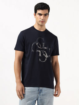 Guess - Shimmer Smart Blue Printed Round Neck Pure Cotton T-Shirt