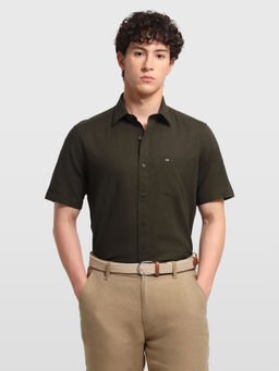Arrow Sports - Olive Linen Blend Solid/Plain Half Sleeves Shirt