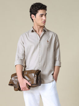 U.S. Polo Assn. Denim Co. - Taupe Cotton Solid/Plain Full Sleeves Shirt