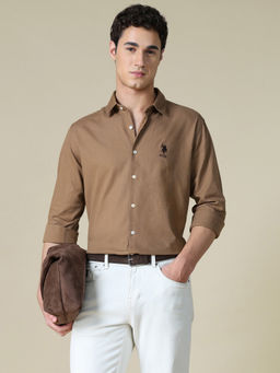 U.S. Polo Assn. Denim Co. - Brown Cotton Solid/Plain Full Sleeves Shirt