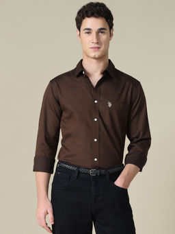 U.S. POLO ASSN. - Brown Cotton Solid/Plain Full Sleeves Shirt