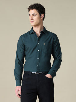 U.S. POLO ASSN. - Green Cotton Solid/Plain Full Sleeves Shirt