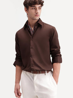 Rare Rabbit - Brown Polyester Blend Solid/Plain Full Sleeves Shirt