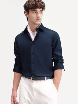 Rare Rabbit - Navy Blue Polyester Blend Solid/Plain Full Sleeves Shirt