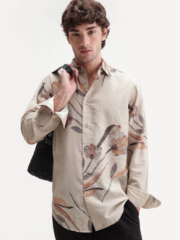 Rare Rabbit - Beige Viscose Blend Printed Full Sleeves Shirt