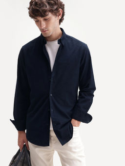 Rare Rabbit - Navy Blue Cotton Solid/Plain Full Sleeves Shirt