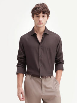 Rare Rabbit - Brown Viscose Blend Solid/Plain Full Sleeves Shirt