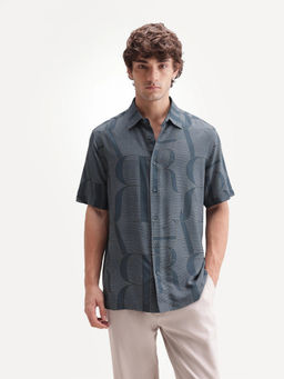 Rare Rabbit - Blue Viscose Typography Half Sleeves Shirt