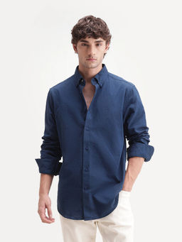 Rare Rabbit - Navy Blue Cotton Solid/Plain Full Sleeves Shirt