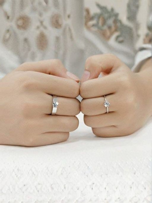 I Jewels White Stone Cz Silver Plated Adjustable Couple Ring (Pack of 2)