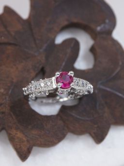 I Jewels - Silver-Plated Pink Stone Studded Adjustable Ring