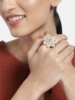 I Jewels - White Stone Gold Plated Meenakari Floral Adjustable Ring