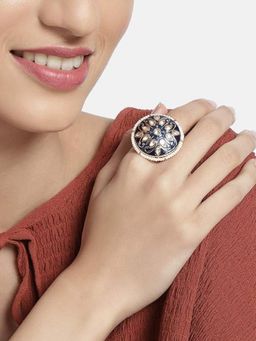 I Jewels - Gold Plated White Stone Meenakari Studded Adjustable Ring