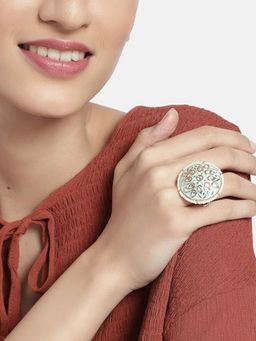 I Jewels - White Stone and Mint Green Gold Plated Meenakari Studded Adjustable Ring