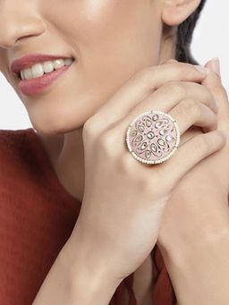 I Jewels - White Stone and Pink Gold Plated Meenakari Studded Adjustable Ring