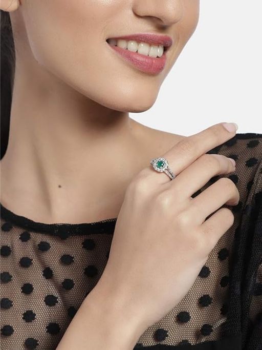 I Jewels Green Silver Plated Cz Crystal Studded Handcrafted Adjustable Ring