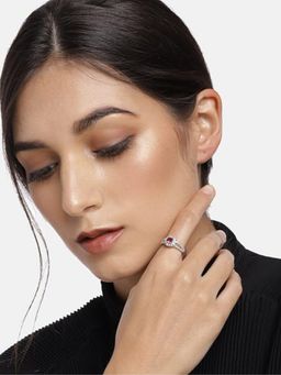 I Jewels - Silver-Plated Maroon Stone Studded Adjustable Ring