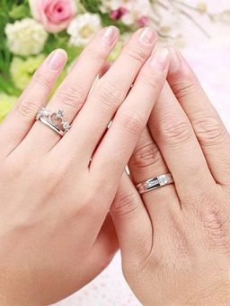 I Jewels - White Stone Silver-Plated Studded Adjustable Couple Rings (Pack of 2)