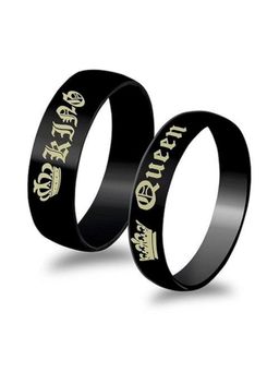 I Jewels - Black Platinum-Plated King and Queen Printed Couple Adjustable Rings (Pack of 2)