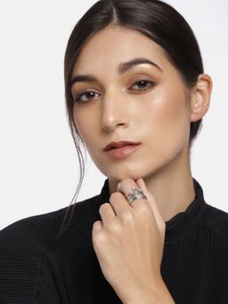 I Jewels - White Stone Silver-Plated Stone Studded Adjustable Couple Rings (Pack of 2)