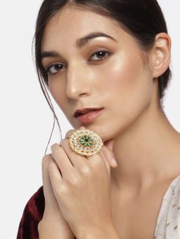 I Jewels - Gold-Plated Multicolour Kundan-Studded Pearl Ring