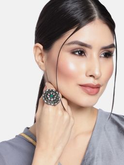 I Jewels - Green Oxidised Rhodium Plated Meenakari Kundan Ring