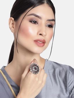 I Jewels - Maroon Rhodium Plated Oxidised Kundan Ring