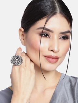 I Jewels - Pink Rhodium Plated Oxidised Kundan Ring