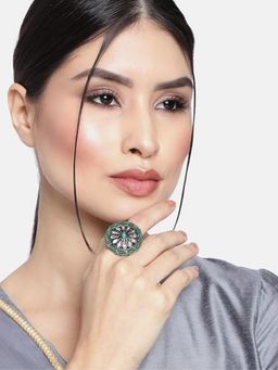 I Jewels - Green Oxidised Rhodium Plated Kundan Meenakari Ring