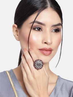 I Jewels - Maroon Stone Rhodium Plated Oxidised Kundan Ring