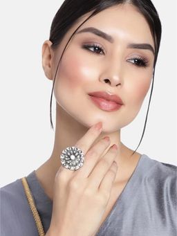 I Jewels - Pink Stone Rhodium Plated Oxidised Kundan Ring