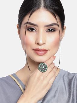 I Jewels - White Stone Green Rhodium Plated Oxidised Kundan Ring
