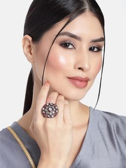 I Jewels - White Stone Maroon Rhodium Plated Oxidised Kundan Ring