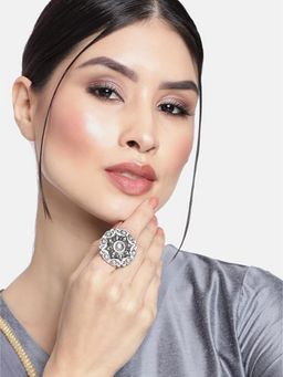 I Jewels - White Stone Pink Rhodium Plated Oxidised Kundan Ring