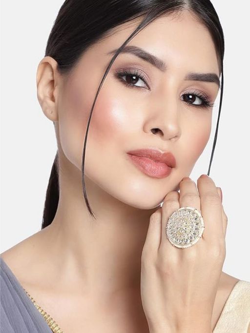 I Jewels White Stone Gold-Plated Kundan Handcrafted Adjustable Ring