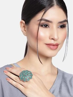 I Jewels - Green Stone Rhodium Plated Kundan Handcrafted Ring