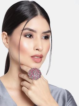 I Jewels - Magenta Stone Rhodium Plated Kundan Handcrafted Ring