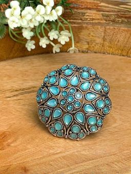 I Jewels - Turquoise Stone Rhodium Plated Kundan Handcrafted Ring